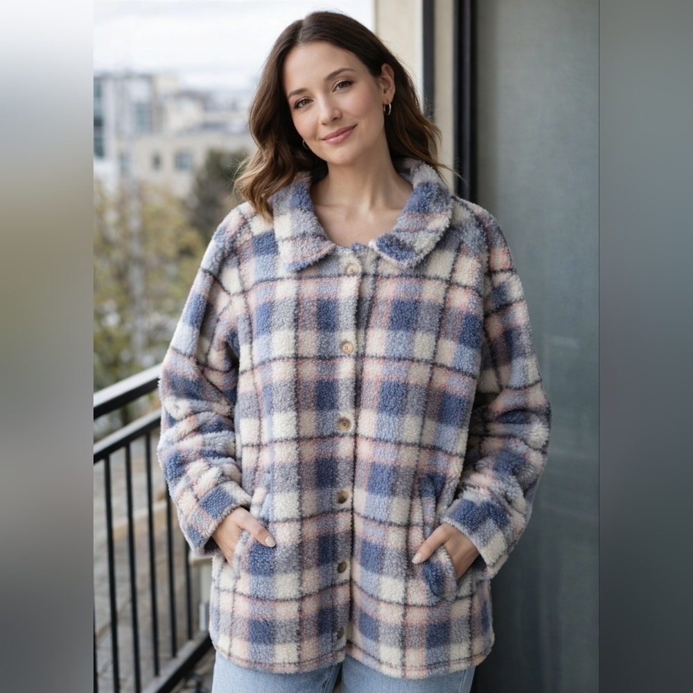 Berkley Jensen Women's Plaid Button-up XL Coat Blue Cream Pink Fuzzy Pockets